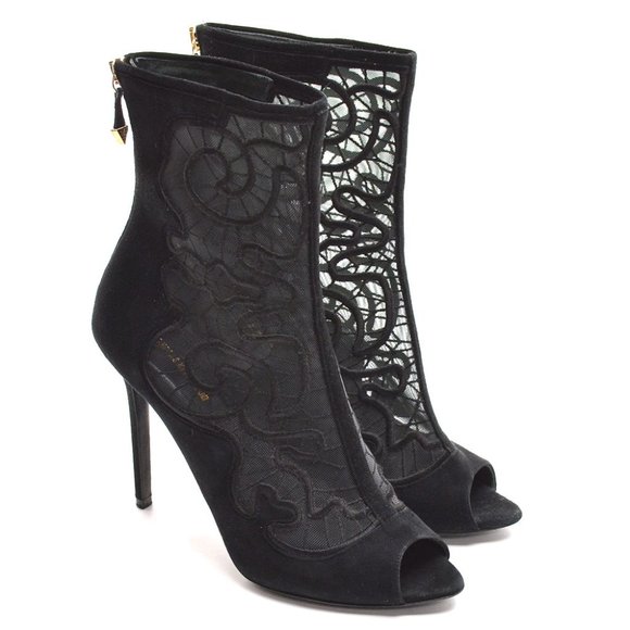 Nicholas Kirkwood Embroidered Mesh and Suede Peep-toe Ankle Boots size 41